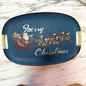 Vintage Merry Christmas Serving Tray, Santa Sleigh Reindeer, Mid Century Holiday